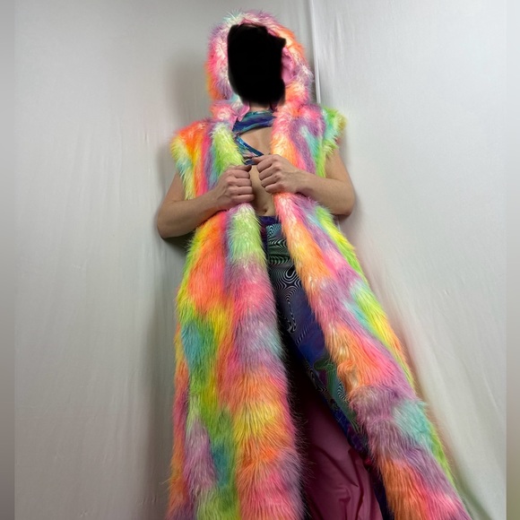 LONG Fur LED Glowing Light Up Coat Burning Man Rave Festival Rainbow Pastel EDC - Picture 9 of 16